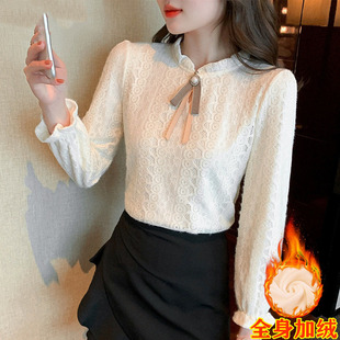 半高领钉珠加绒蕾丝打底衫女秋冬2025新款内搭上衣洋气小衫可外穿