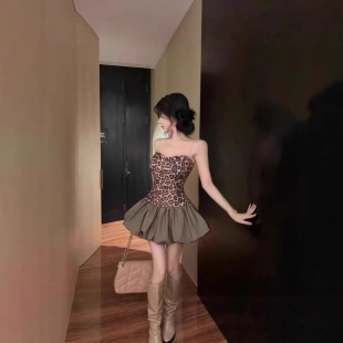 美式复古辣妹豹纹吊带拼接新款连衣裙花苞蓬蓬裙修身高腰短裙裙子