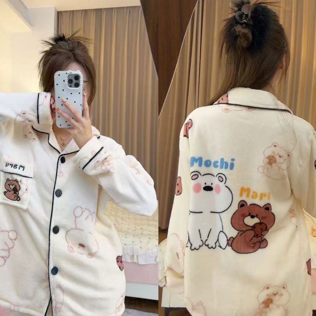 法兰绒加绒睡衣女秋冬套装