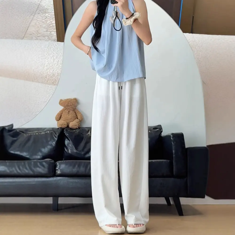 白色运动阔腿裤女夏季薄款高腰垂感休闲小个子宽松速干香蕉弯刀裤