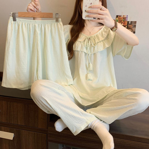 轻盈云朵棉小清新绿荷叶边女夏