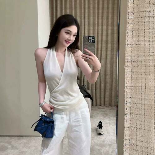 白色领露背挂脖针织吊带背心女夏
