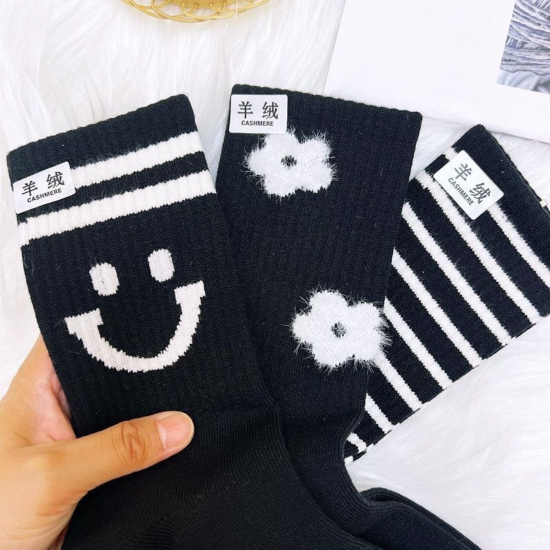 秋冬羊绒条纹堆堆袜女长筒