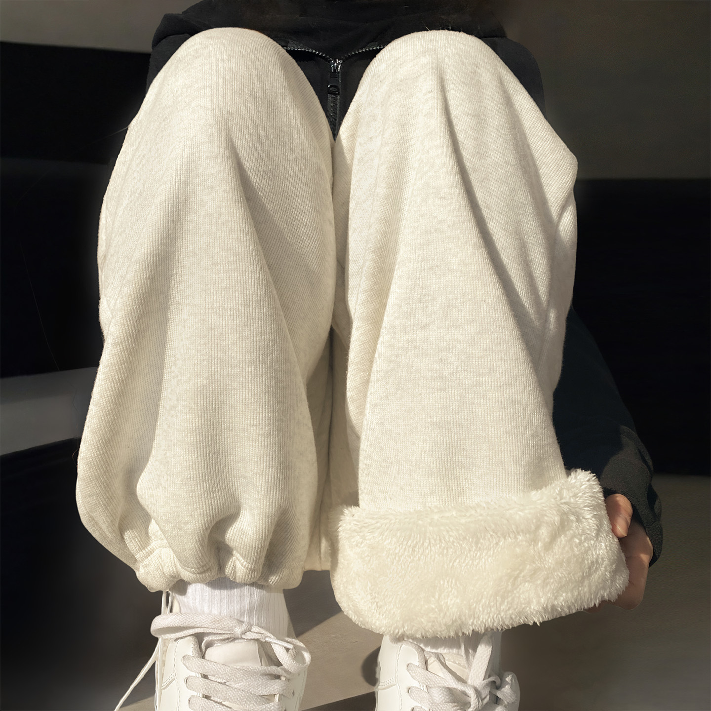 羊羔绒阔腿裤女裤加绒加厚棉裤外穿小个子宽松束脚灰色运动卫裤子