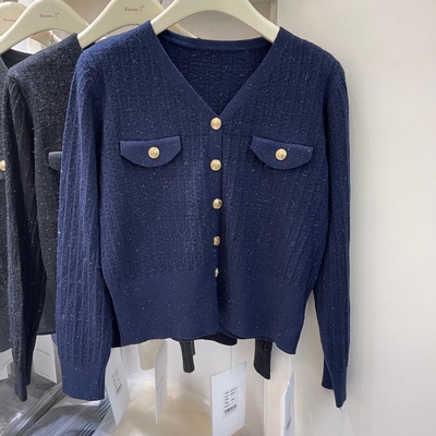 韩系小香风V领针织开衫女