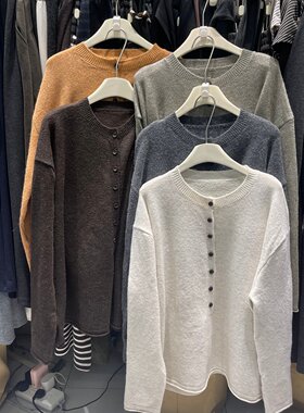 半开扣圆领长袖大版套头针织毛衣