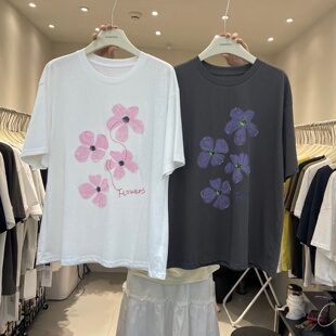 花朵印花钉珠设计感气质短袖T恤女2026夏季宽松减龄圆领上衣显瘦