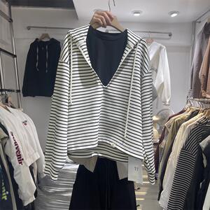 欧货大码假两件卫衣外套女2025春季新宽松休闲吊带+连帽卫衣套装