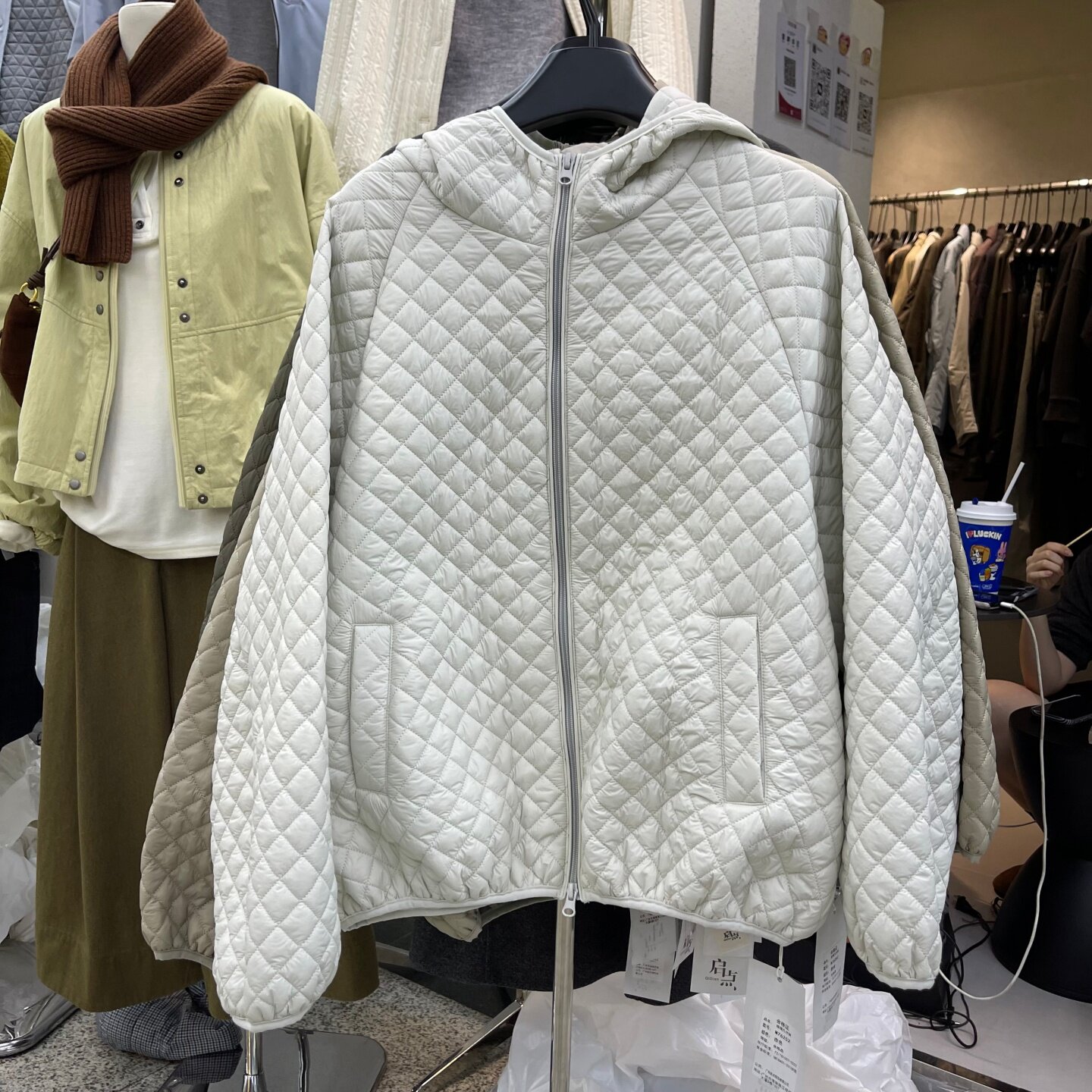 双拉链菱形格轻薄棉服棉衣外套女