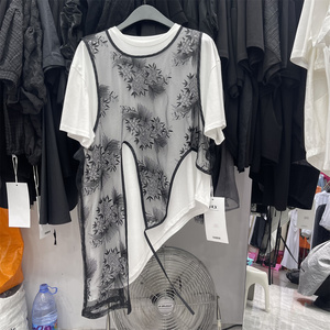 2025夏新款韩版时尚网纱马甲+短袖T恤女套装不规则气质两件套