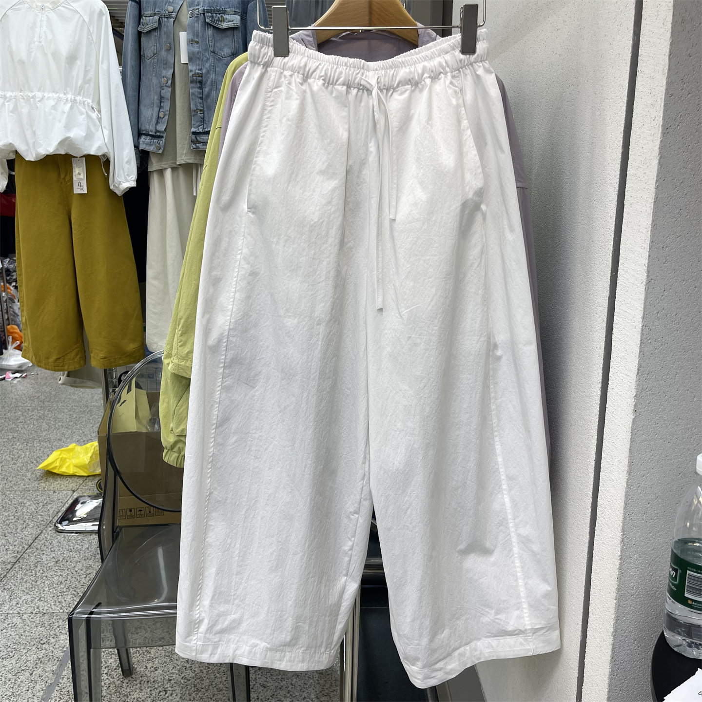 启点 白色松紧腰系带休闲裤女2026春新款韩版高腰宽松显瘦阔腿裤