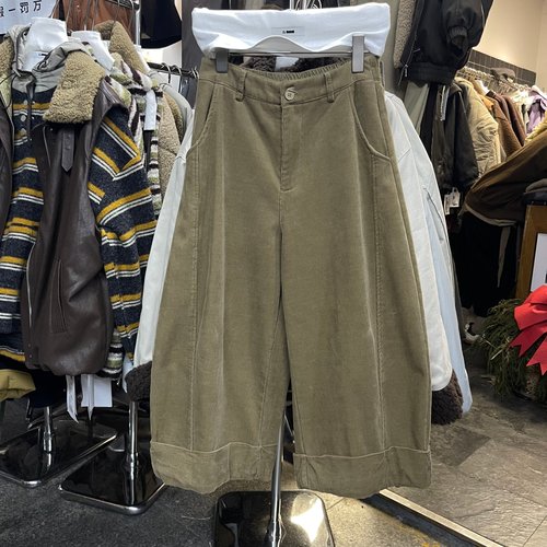 加厚宽松保暖灯芯绒阔腿八分裤