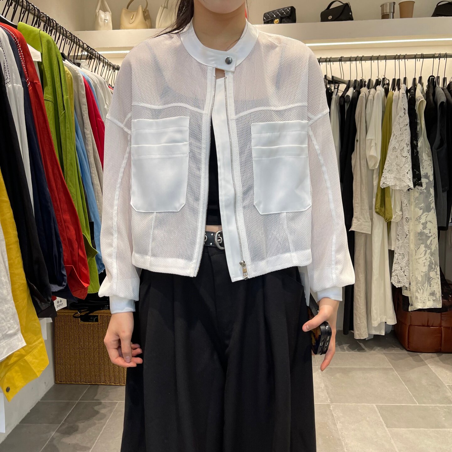 韩版时尚百搭立领按扣网纱镂空设计感短外套女宽松显瘦小款外套夏
