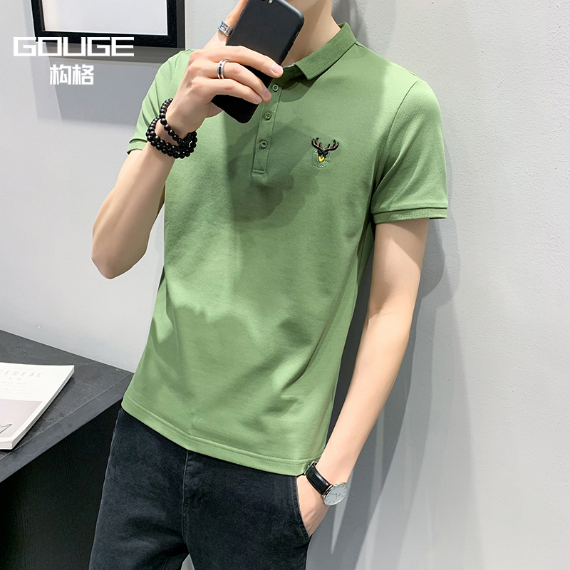 2020夏季新款polo衫男韩版修身潮流鹿头绣花短袖时尚帅气百搭T恤