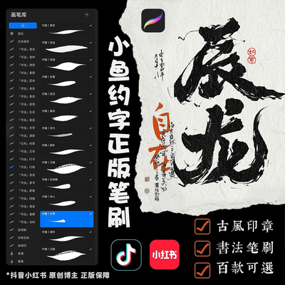 小红书【小鱼笔刷】小鱼约字Procreate书法笔刷 全套小鱼辰龙笔刷