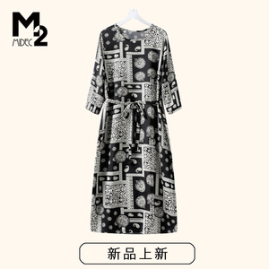 M2女装春夏新款直筒宽松大码微胖中年妈妈七分袖雪纺连衣裙