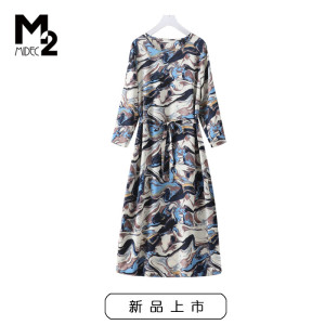 M2女装春秋新款宽松大码微胖中年妈妈七分袖雪纺连衣裙