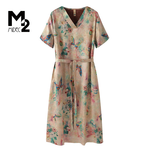 M2新中式印花仿香云纱大码妈妈裙