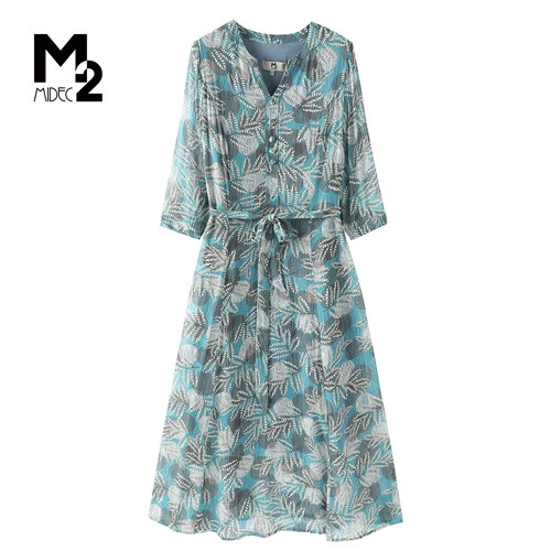 M2女装春夏七分袖连衣裙