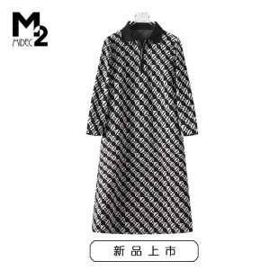 M2女装春秋新款宽松大码中年妈妈印花弹力洋气七分袖连衣裙