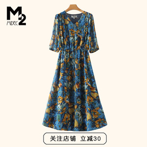 M2女装夏季新款仿真丝大码显瘦中年妈妈短袖V领雪纺连衣裙