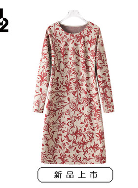 M2女装春秋新款宽松大码中年妈妈印花弹力修身显瘦长袖连衣裙