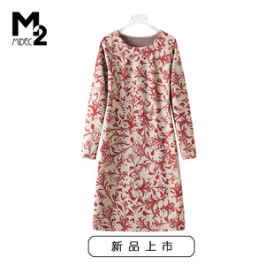 M2女装春秋新款宽松大码中年妈妈印花弹力修身显瘦长袖连衣裙