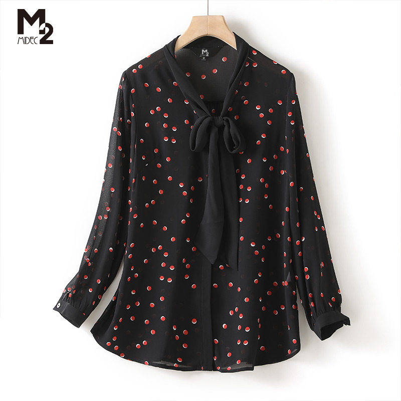 M2女装春秋圆领长袖雪纺衫波点上衣时尚气质宽松洋气打底衫
