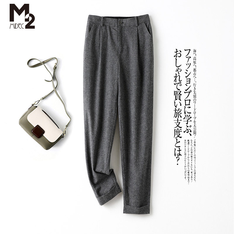M2女装春秋高腰羊毛呢大码宽松直筒小脚裤显瘦百搭西装裤