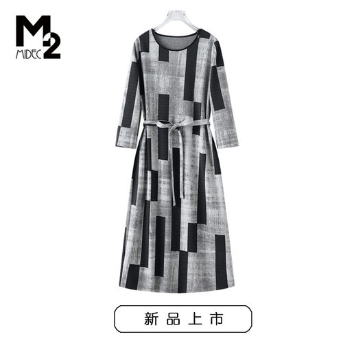M2女装春秋印花弹力中袖连衣裙