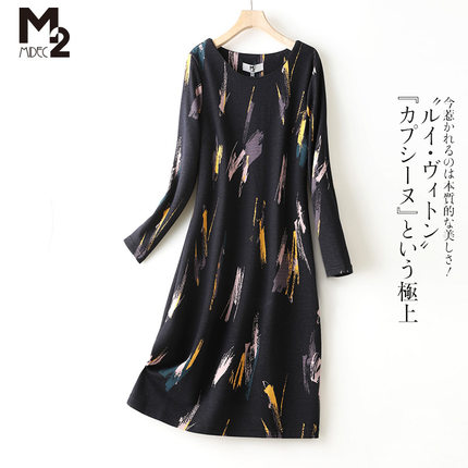M2女装2024年新款中年妈妈春秋长袖收腰遮肚连衣裙大码气质长裙