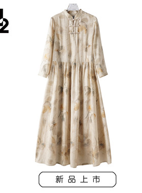 M2女装春秋款宽松大码中老年妈妈新中式国风中袖亚麻连衣裙