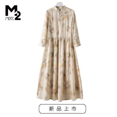 M2春秋妈妈新风中袖亚麻连衣裙