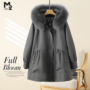 M2冬可脱卸狐狸毛领濑兔毛内胆宽松加厚连帽派克服 清仓 断码