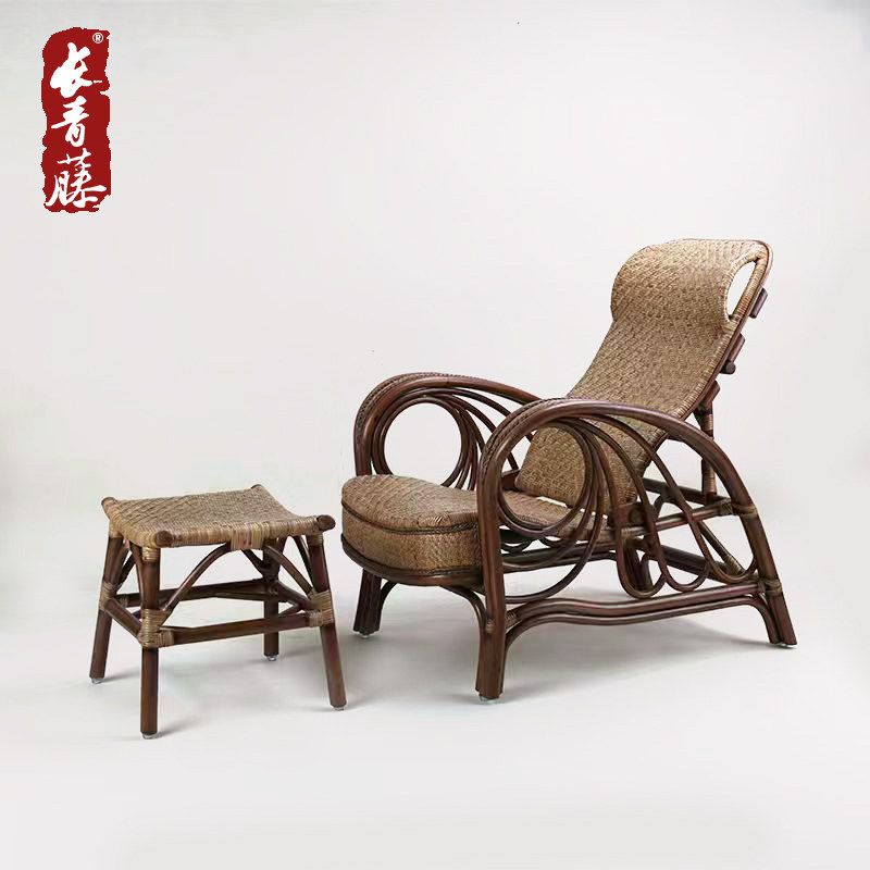 长青藤 藤编躺椅可调节靠背带脚踏可睡可躺成人轻奢午睡真藤椅子