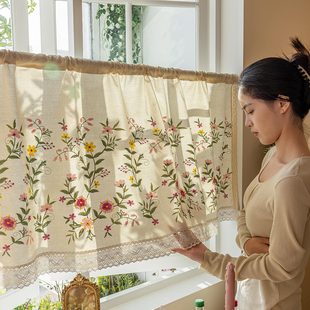 新款刺绣小短帘棉麻质感免打孔半帘厨房遮挡帘子门帘装饰美化隔断