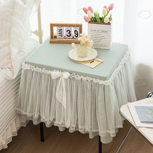 新款床头柜盖巾绿色格子家用卧室床头柜防尘罩保险柜蕾丝盖布罩