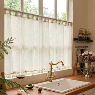 厨房窗帘穿杆半遮光窗户遮挡帘亚麻棉麻质感布飘窗半截式免打孔