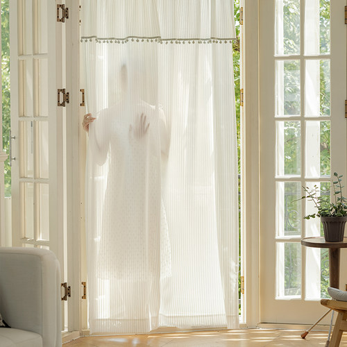 2025新款免打孔魔术贴窗帘窗纱帘法式白色蕾丝飘窗门帘隔断穿杆帘