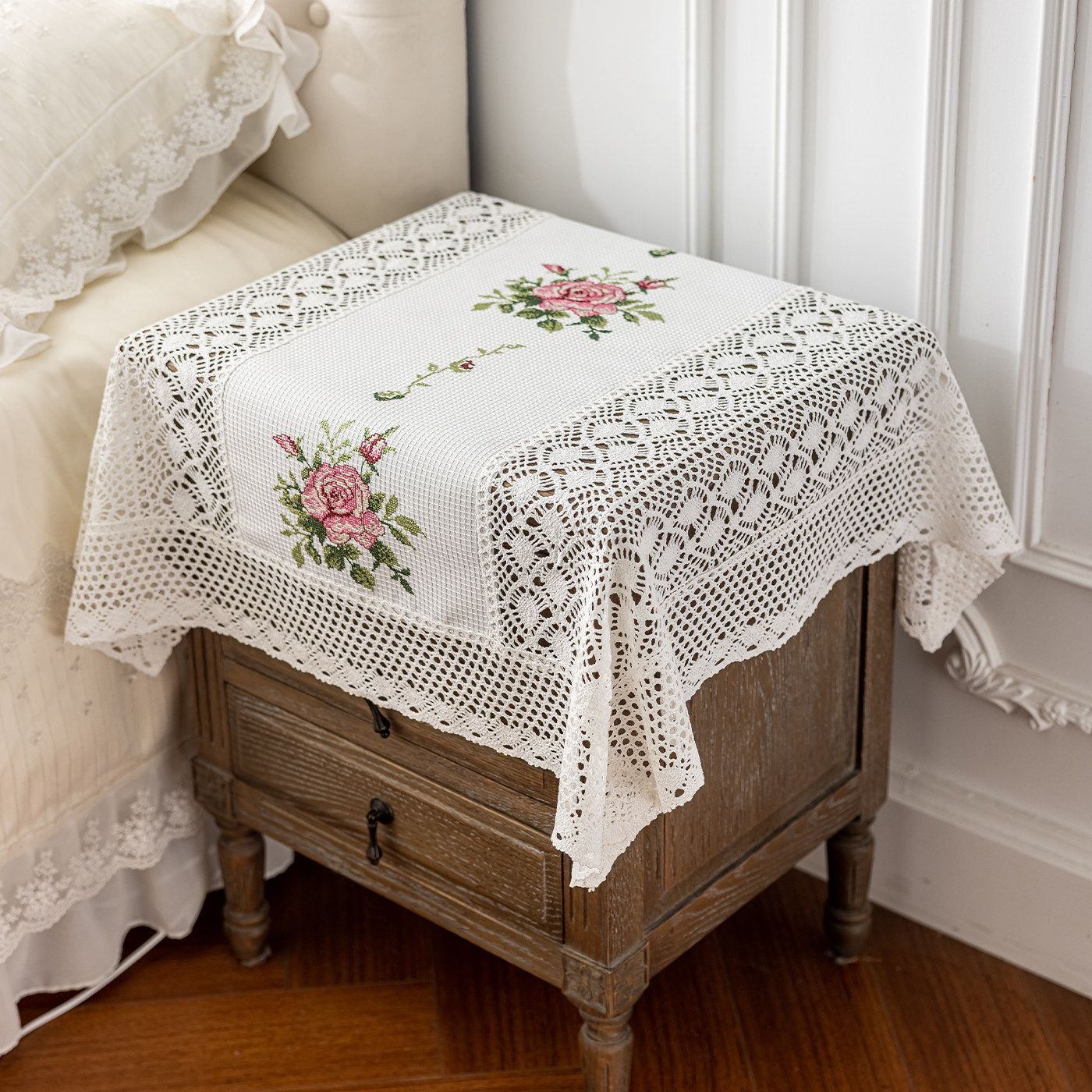 手工钩花新中式床头柜盖布蕾丝保险柜盖巾打印机防尘桌布防尘罩