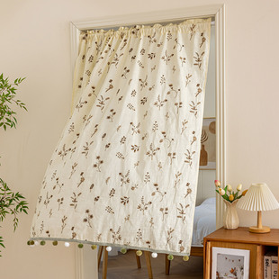 新款刺绣法式奶油风不透人棉麻质感隐私帘子隔断门帘免打孔半帘