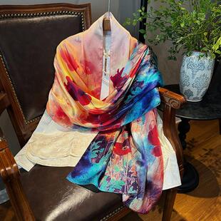 桔红色真丝丝巾女2025新款围巾百搭秋冬季装饰100%桑蚕丝长款披肩