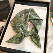 斜纹绸真丝丝巾小方巾秋冬百搭绿色高档手工卷边100%桑蚕丝小领巾