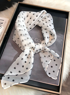 雪纺真丝丝巾女2026新款小方巾春秋百搭波点白色100%桑蚕丝小领巾