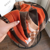 百搭韩版 暖色系千鸟格围巾女秋冬薄款 棉麻拼色丝巾旅游披肩长款