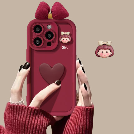 酒红色立体爱心蝴蝶结适用OPPOReno10手机壳reno9pro+新款a2pro保护套reno8/7/6/5k女k11个性k10pro可爱a93s