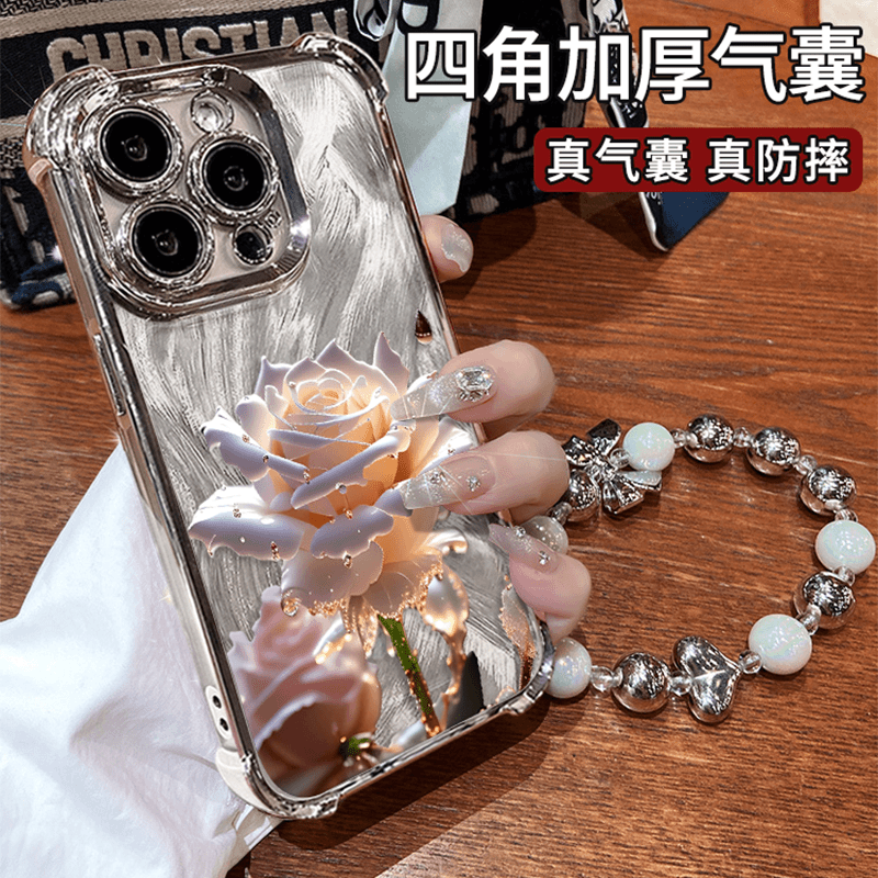 电镀四角防摔玫瑰适用苹果15promax手机壳华为mate60pro+新款P70女荣耀200高级感OPPOReno12个性VIVOS19/小米