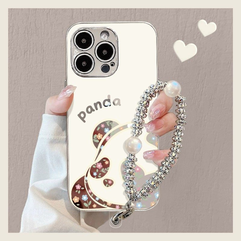 碎花熊猫电镀玻璃适用苹果16promax手机壳华为pura80pro新款mate70荣耀300nova14女opporeno9小米15vivox200s