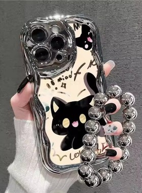 电镀银亮面黑猫适用苹果15手机壳iphone14/13可爱12mini女11promax新款xr创意xs max个性7/8plus高级感