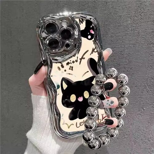 电镀银亮面黑猫适用苹果手机壳